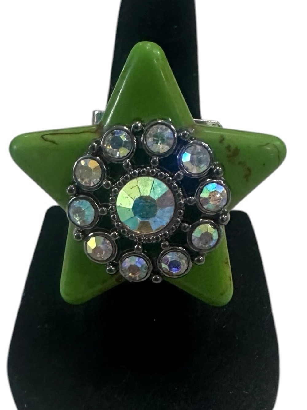 Haus of Lenora: Boutique Green Star Statement Ring with AB Crystal Cluster